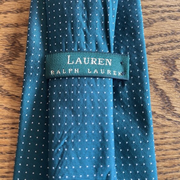 Lauren Ralph Lauren Green Tiny White Polka Dot Silk Tie 100% Silk Hand Finished - Picture 4 of 6